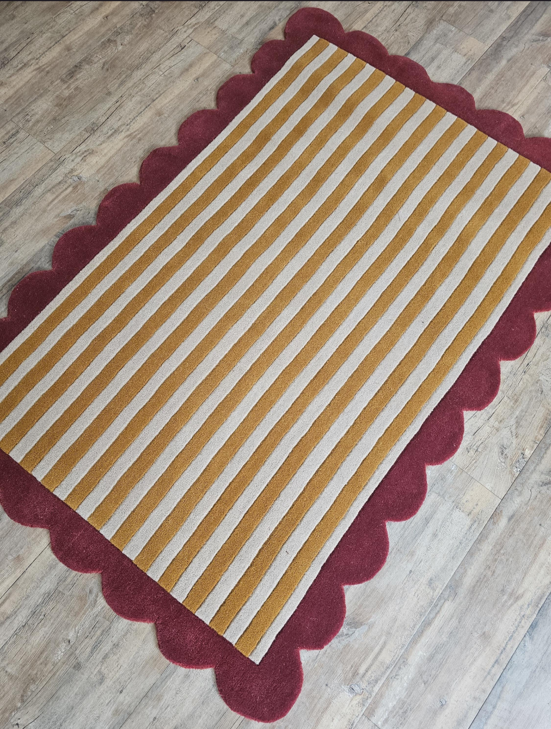 Handmade Wool Striped Rug | Modern Mustard & Beige Area Carpet with Red Scalloped Border | Contemporary Statement Floor Rug for Living Room & Bedroom