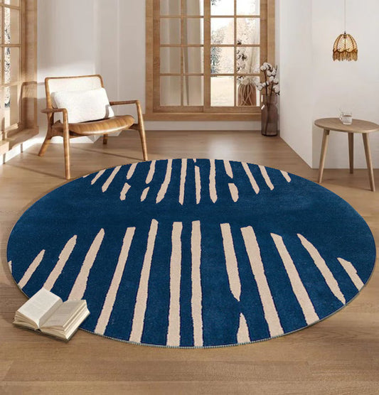 Modern Blue Round Area Rug – Abstract Striped Carpet for Living Room, Bedroom & Contemporary Home Décor