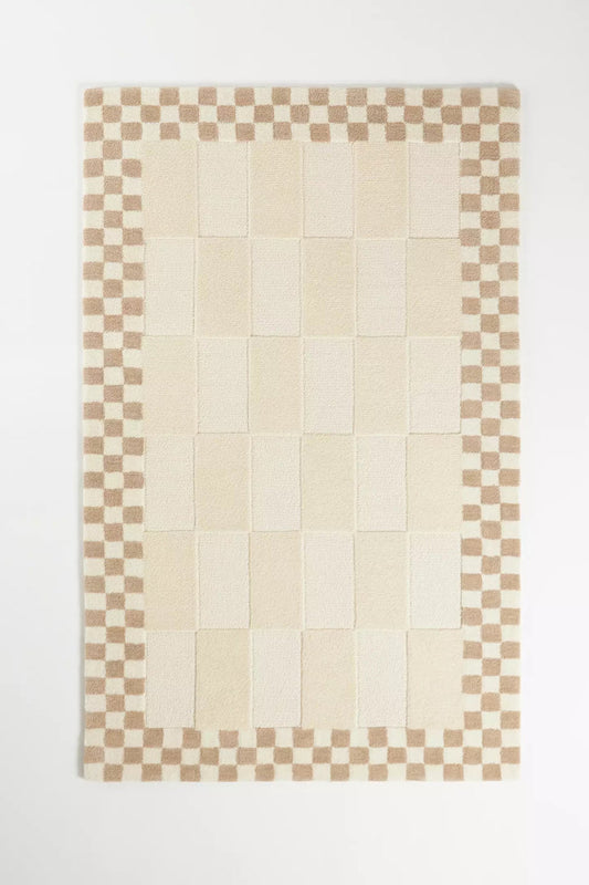 Modern Checkerboard Hand Tufted Wool Rug, Cream Beige Geometric Area Rug, Neutral Minimalist Living Room Carpet, Luxury Handmade Bedroom Rug, Contemporary Home Decor Gift