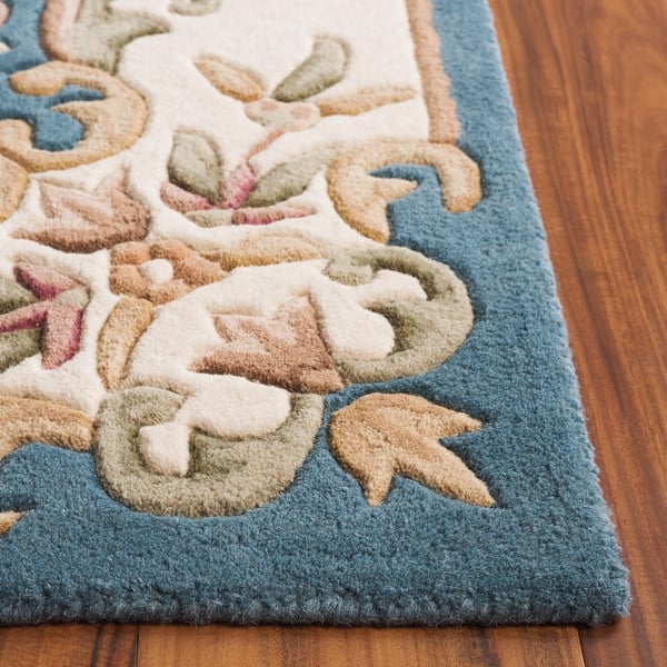 Elegant Blue Aubusson Area Rug – Handcrafted Floral Wool Carpet for Living Room & Bedroom Décor