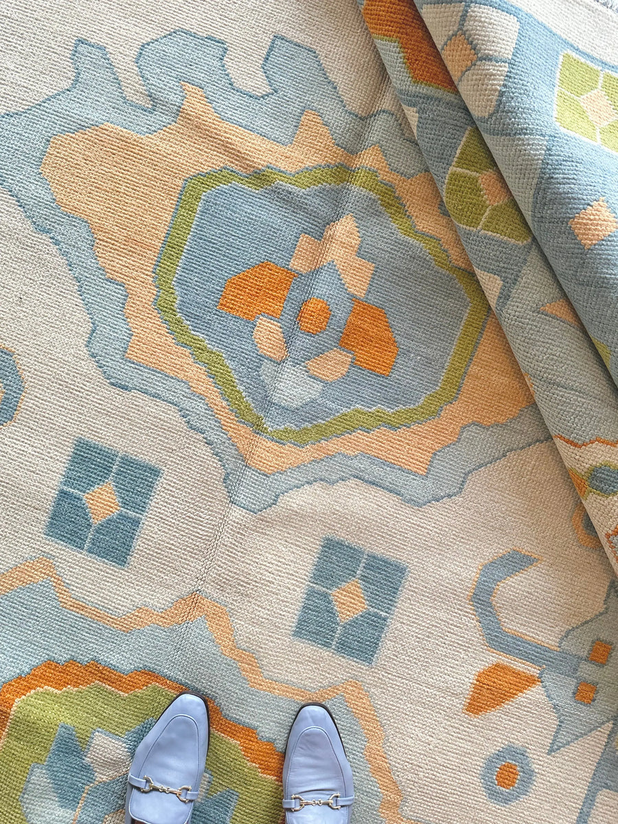 Hand Knotted Oushak Rug – Pastel Blue Turkish Wool Vintage Medallion Area Carpet