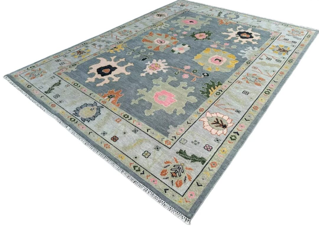 Hand Knotted Oushak Rug – Blue Turkish Wool Area Rug with Pastel Floral Motifs