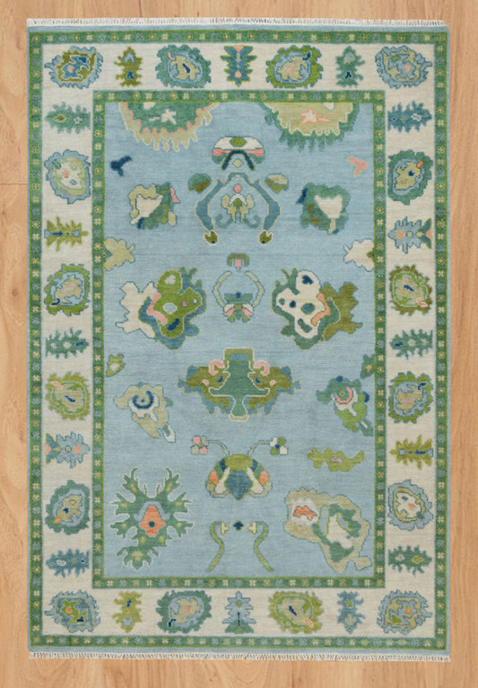 Blue Green Handknotted Oushak Rug | Turkish Wool Oriental Carpet | Vintage Style Soft Pastel Area Rug for Living Room & Bedroom