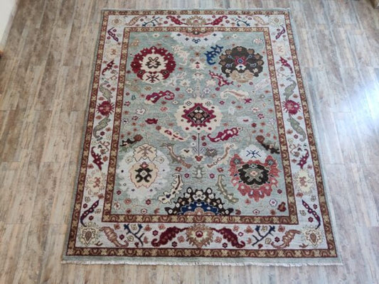 Light Blue Handknotted Oushak Rug – Traditional Turkish Wool Carpet with Red & Ivory Floral Motifs, Oriental Vintage Area Rug for Living Room Decor
