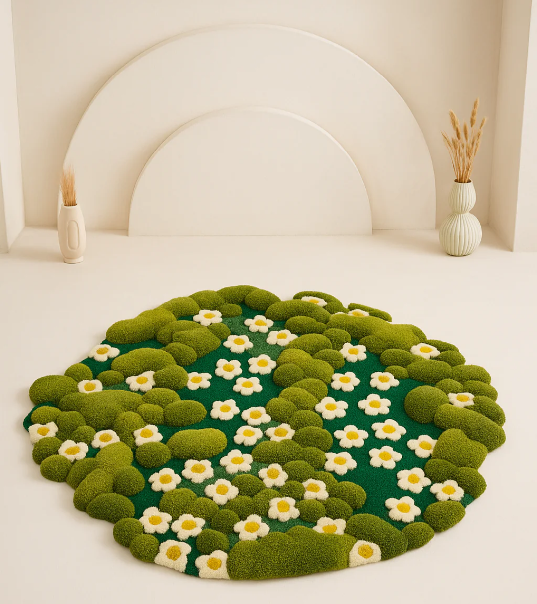 Round Green Floral Tufted Rug – 3D Daisy Bloom Design, Soft Plush Carpet for Living Room, Bedroom & Nursery Décor