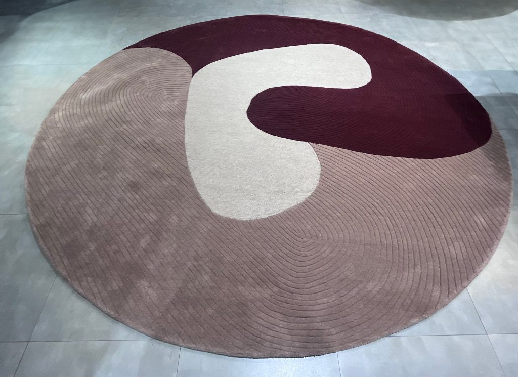 Modern Abstract Round Wool Rug – Hand-Tufted Burgundy, Beige & Pink Carpet for Living Room & Bedroom Decor