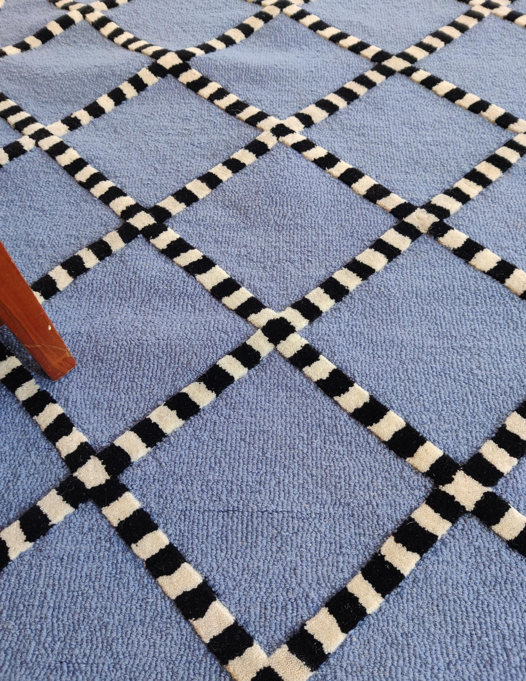 Handmade Blue Geometric Rug – Modern Tufted Diamond Pattern Carpet with Black & White Striped Border, Contemporary Area Rug for Home Decor