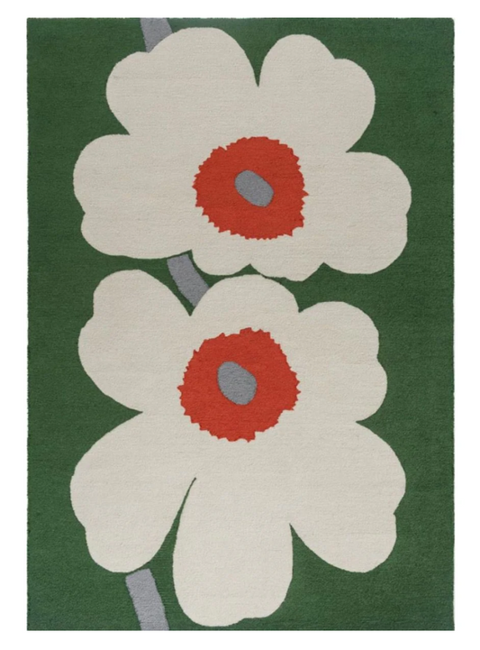 Green Floral Area Rug with White Daisy Design – Modern Botanical Carpet for Living Room, Bedroom & Home Décor