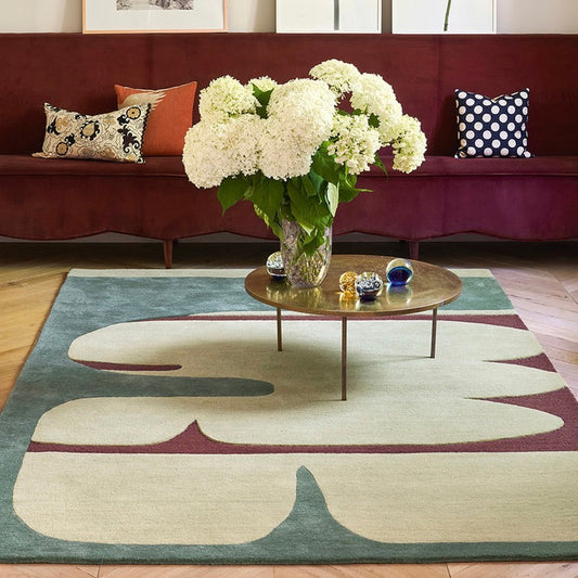 Abstract Modern Area Rug – Hand Tufted Wool Carpet in Beige, Green & Red | Contemporary Artistic Living Room & Bedroom Decor