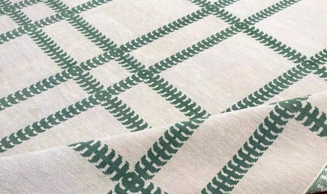 Modern Hand Knotted Oushak Rug – Green Lattice Wool Area Carpet | Cream Geometric Turkish Design