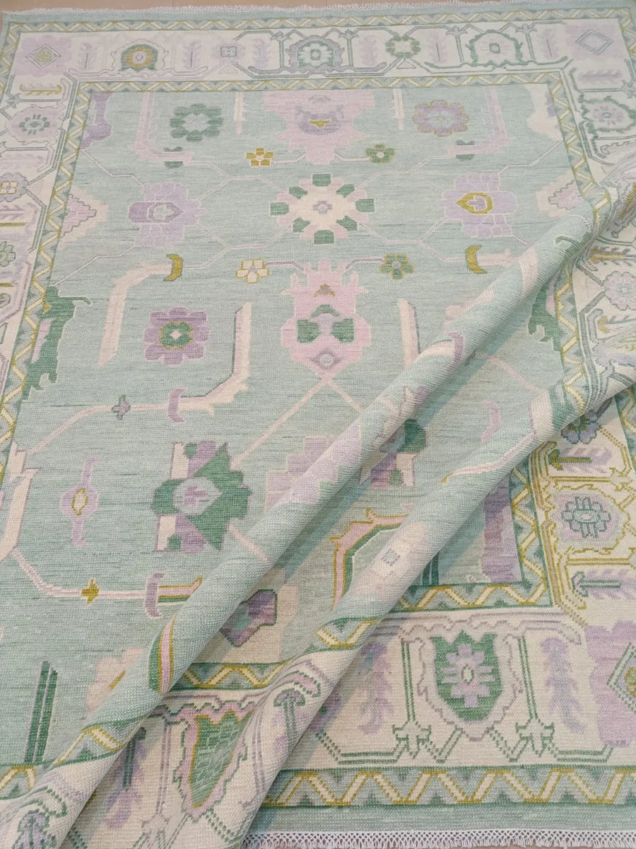 Hand Knotted Oushak Rug – Aqua Blue Pastel Turkish Wool Vintage Area Carpet