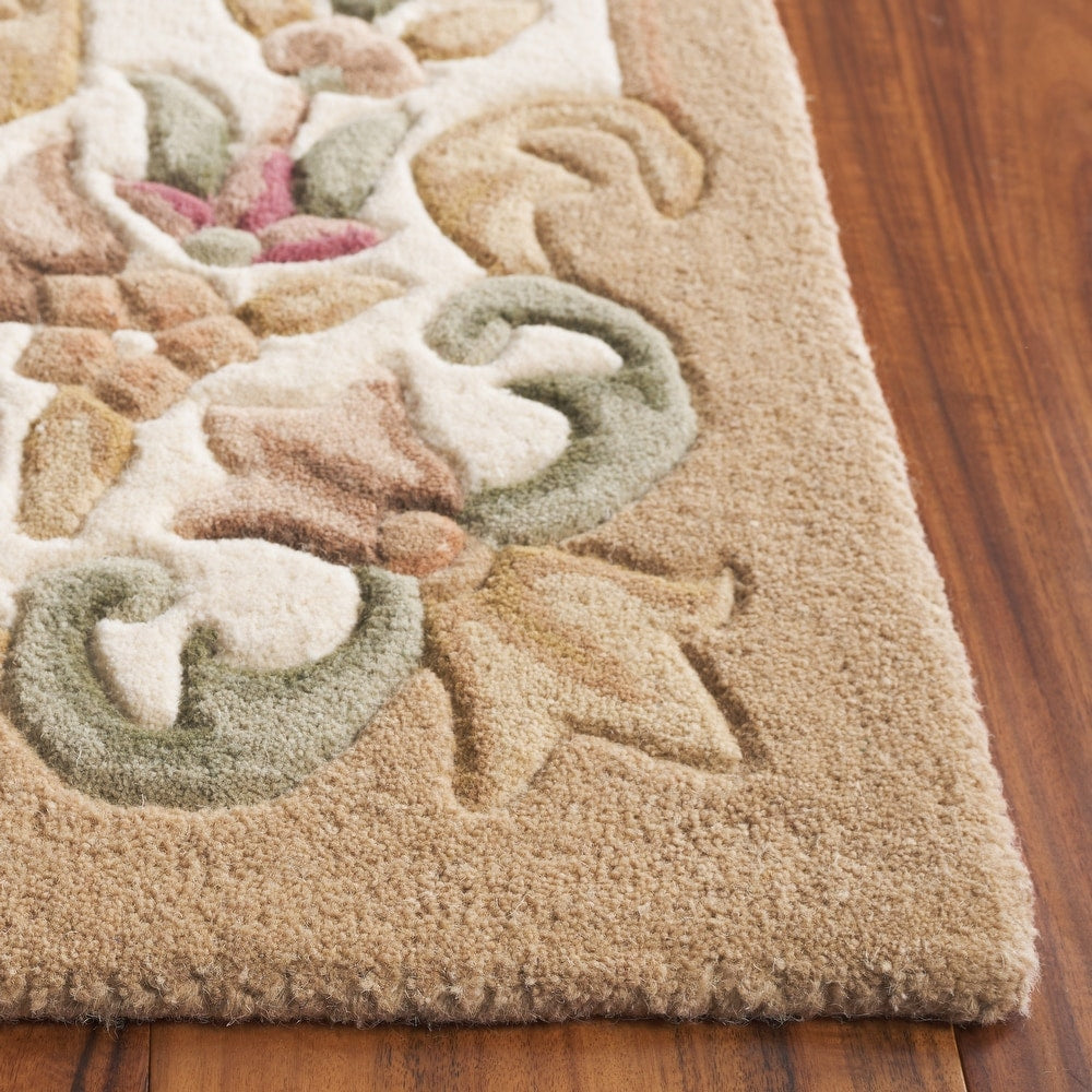Elegant Beige Aubusson Area Rug – Handcrafted Wool Carpet with Floral Border for Living Room & Bedroom Décor