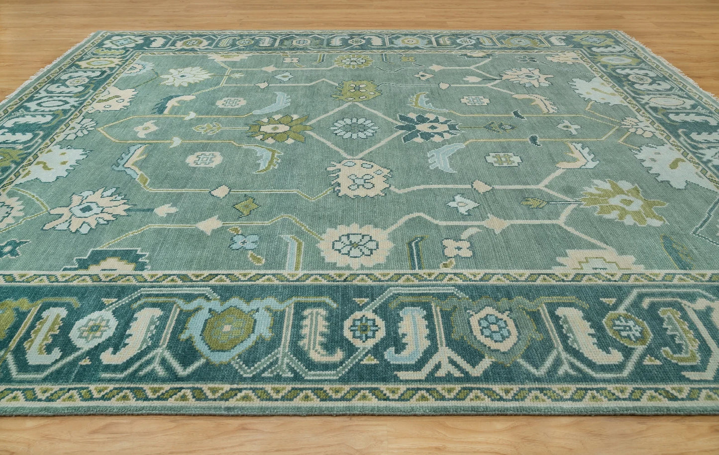 Luxury Hand-Knotted Oushak Rug – Soft Green Turkish Wool Carpet for Elegant Homes
