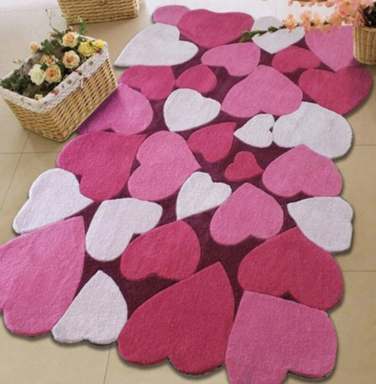 Cute Heart Shaped Carpet Rug | Pink & White Love Design | Soft Bedroom Mat for Girls & Kids Room