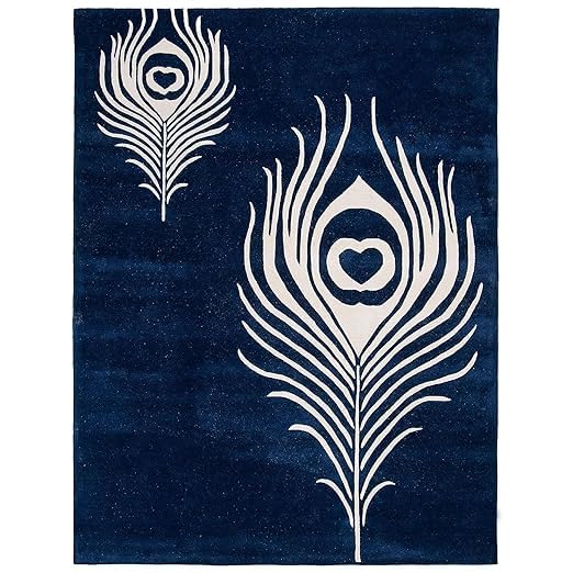 Navy Blue Peacock Feather Rug – Elegant Modern Carpet for Living Room, Bedroom & Home Décor