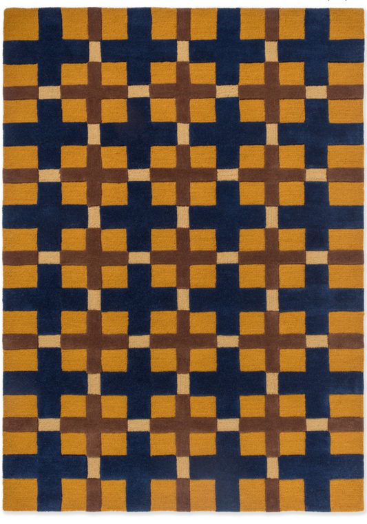 Modern Geometric Wool Rug – Handwoven Blue, Mustard & Brown Checkered Pattern for Living Room & Office Décor
