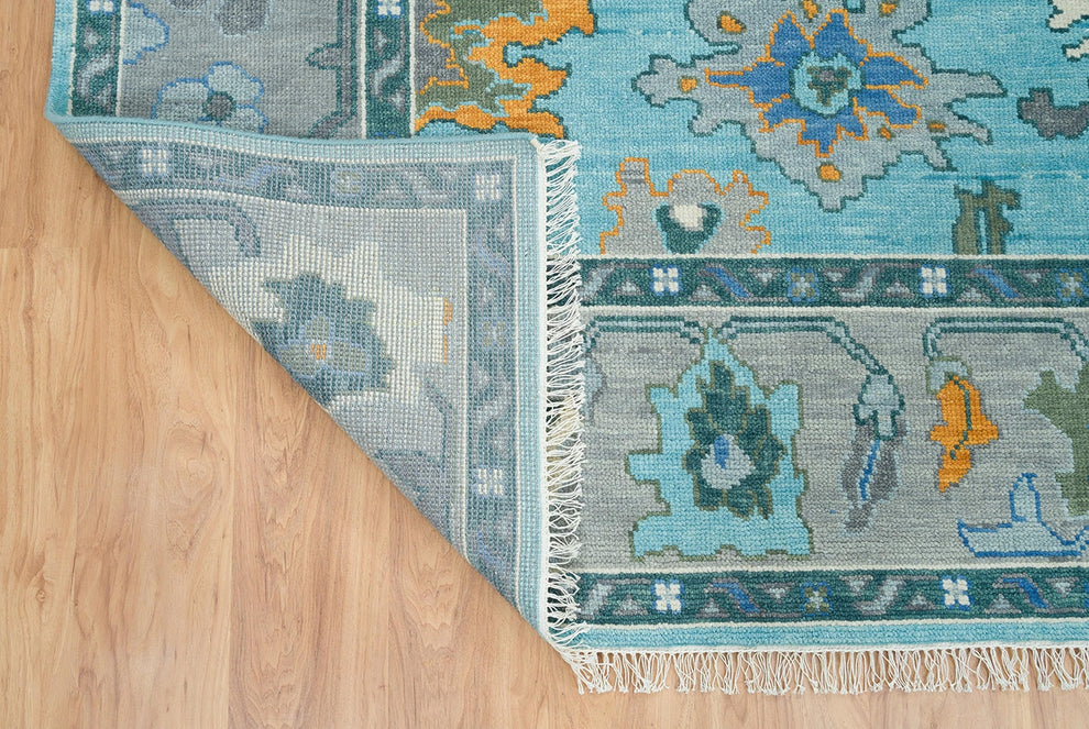 Hand-Knotted Blue Oushak Rug – Authentic Turkish Wool Area Carpet | Luxurious Handmade Oriental Design