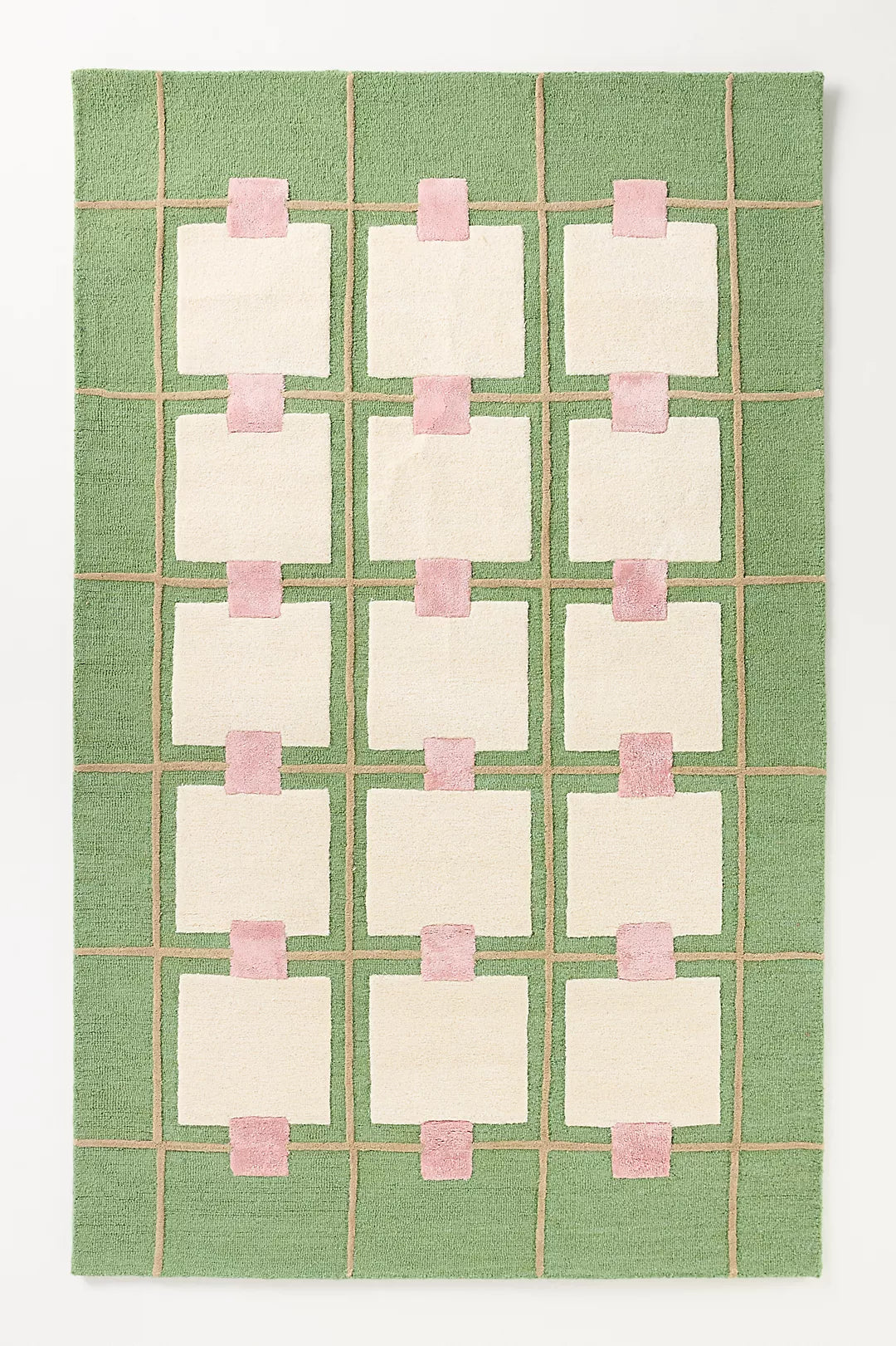 Hand-Tufted Geometric Green & Pink Grid Rug – Modern Wool Carpet for Living Room, Bedroom & Office Decor