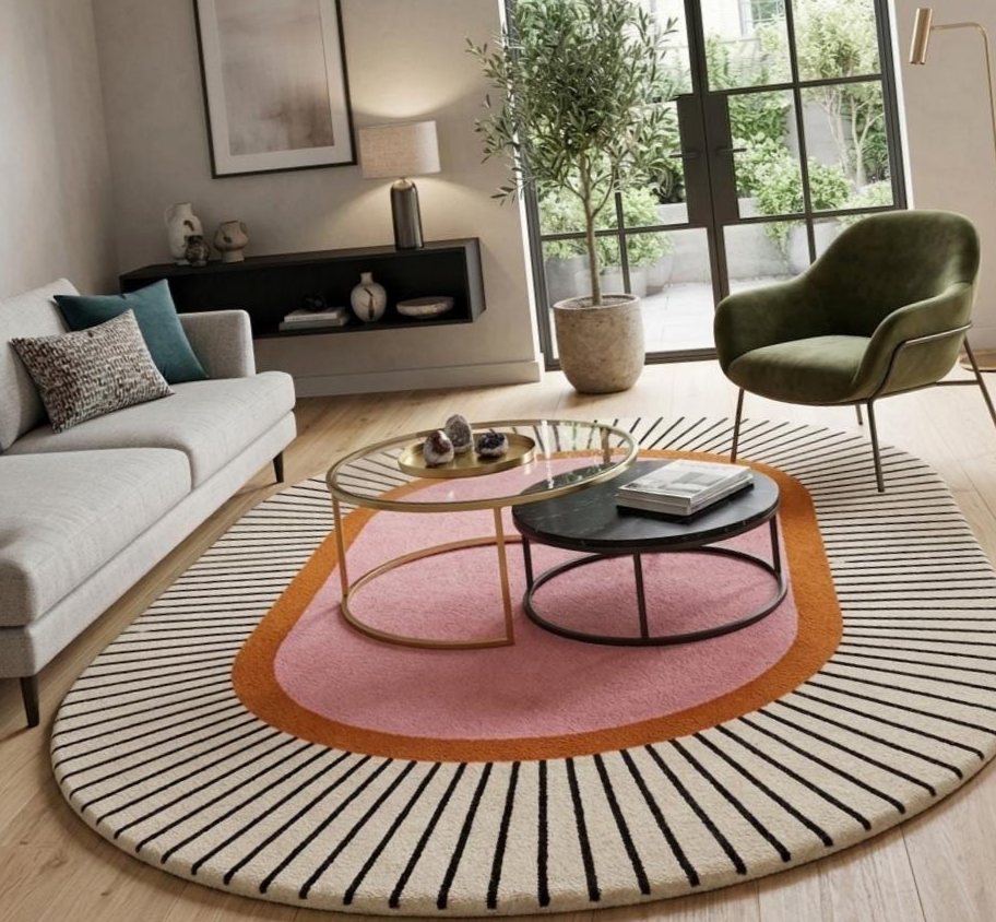 Hand Tufted Modern Sunburst Round Area Rug – Abstract Pink & Ivory Wool Carpet, Contemporary Geometric Designer Rug for Living Room, Bedroom & Nursery Decor
