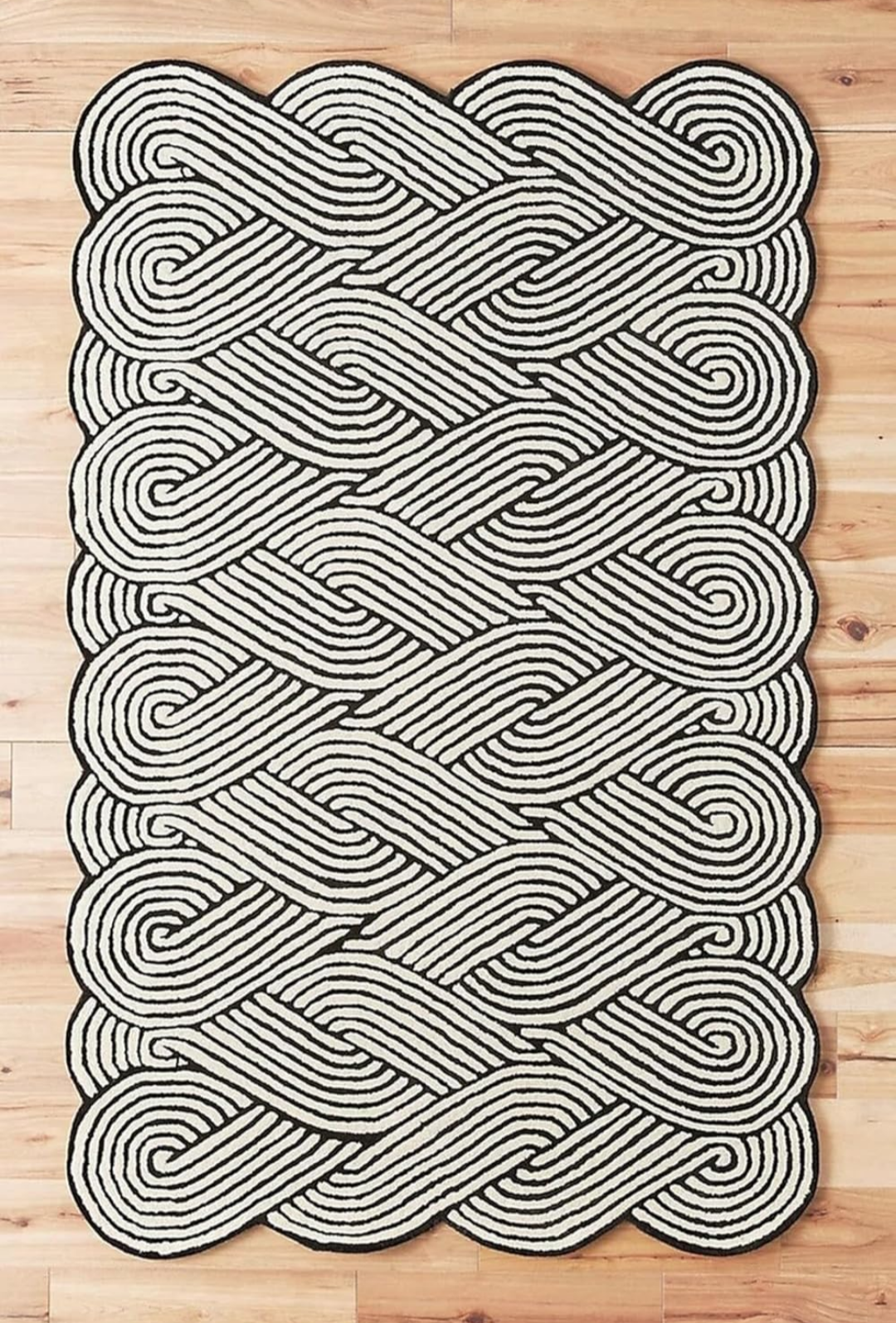Modern Hand-Tufted Black & White Geometric Area Rug | Abstract Wavy Pattern Carpet for Living Room, Bedroom & Office Decor