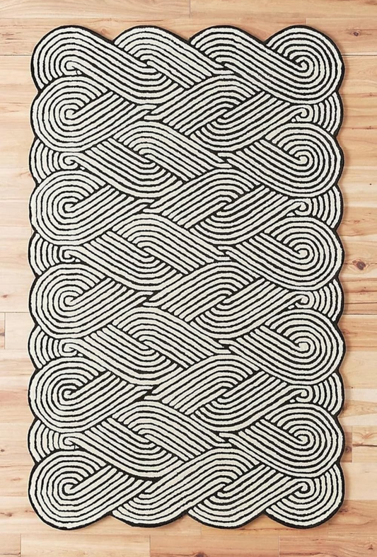 Modern Hand-Tufted Black & White Geometric Area Rug | Abstract Wavy Pattern Carpet for Living Room, Bedroom & Office Decor
