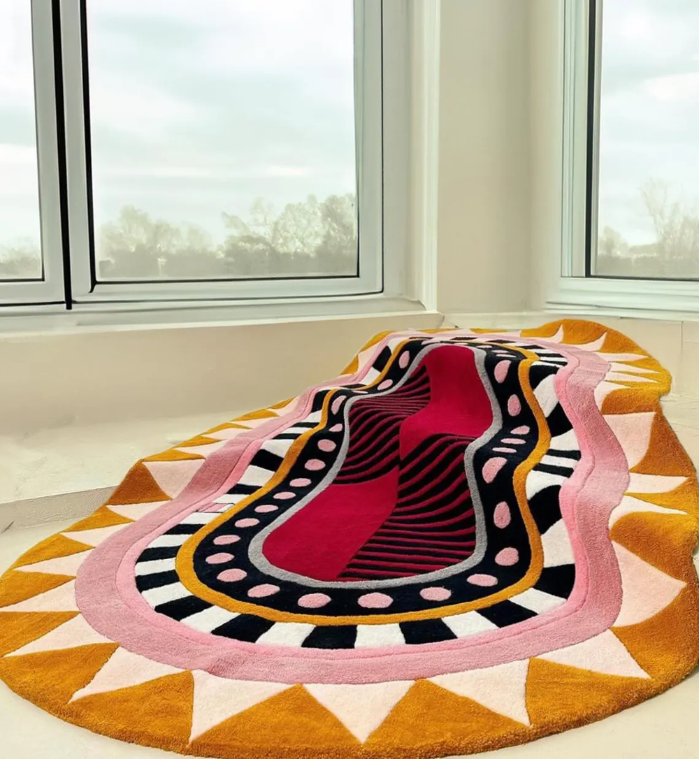 Bold Abstract Geometric Area Rug – Hand Tufted Pink, Red, Black & Mustard Modern Art Carpet for Living Room, Bedroom & Creative Spaces