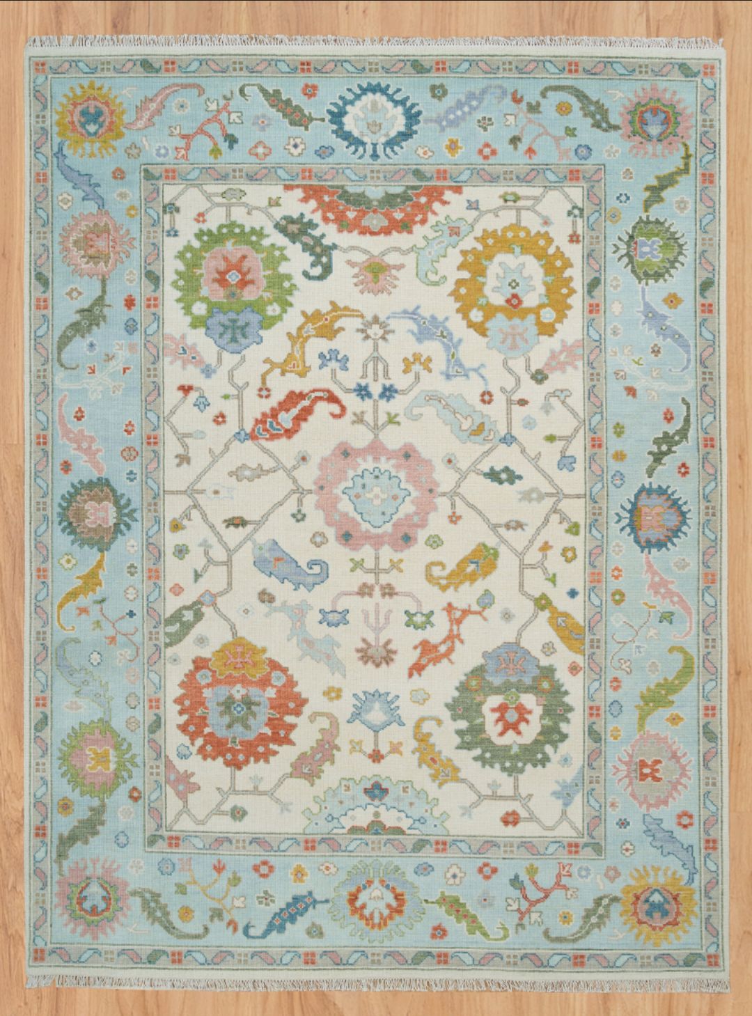 Light Blue Handknotted Oushak Rug – Soft Pastel Turkish Wool Carpet | Traditional Floral Design Area Rug for Living Room & Bedroom Decor