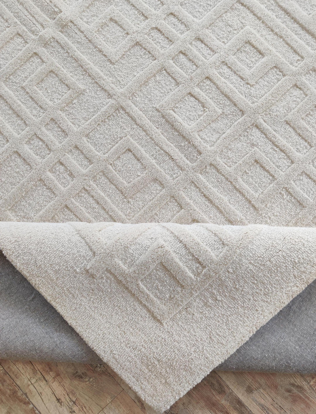 Handmade Beige Wool Rug | Modern Geometric Embossed Pattern Area Carpet | Minimalist Neutral Floor Rug for Living Room, Bedroom & Office Decor