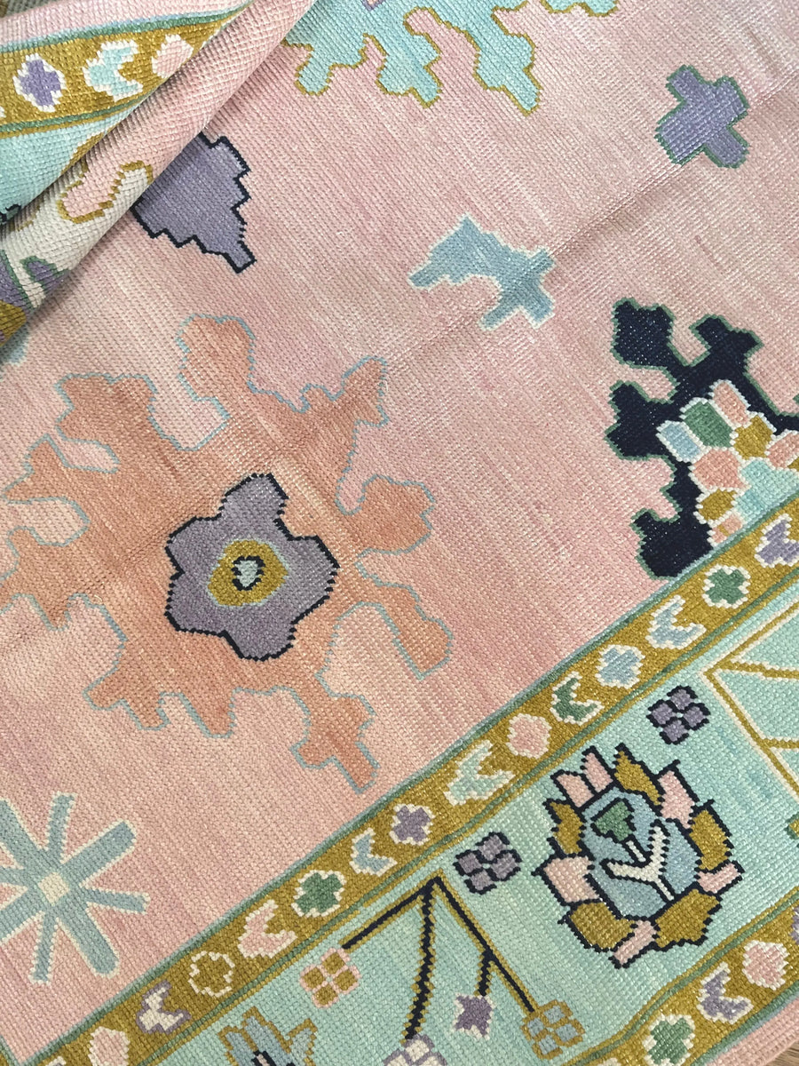 Hand Knotted Oushak Rug – Blush Pink Pastel Turkish Wool Vintage Area Carpet