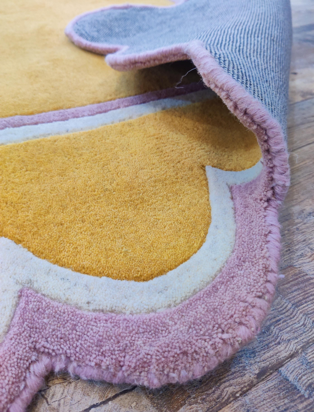 Mustard Yellow Rug with Purple Border | Handmade Wool Carpet for Modern Living Room, Bedroom & Home Décor