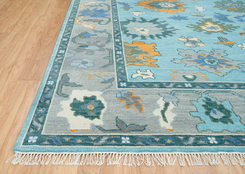 Hand-Knotted Blue Oushak Rug – Authentic Turkish Wool Area Carpet | Luxurious Handmade Oriental Design