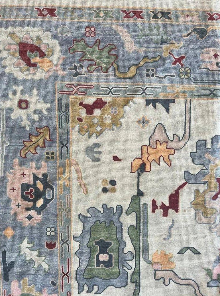 Hand Knotted Oushak Rug – Pastel Blue Ivory Turkish Wool Carpet | Soft Vintage Style Area Rug