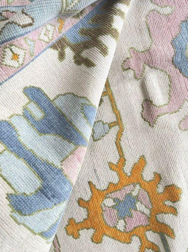 Hand Knotted Oushak Rug – Pastel Blue Ivory Turkish Wool Carpet | Soft Vintage Style Area Rug