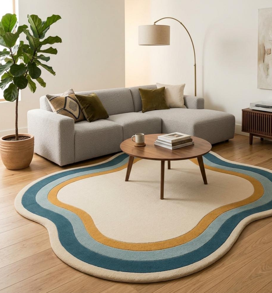 Abstract Wave Hand Tufted Rug, Irregular Modern Area Rug, Cream Blue Gold Sculpted Wool Carpet, Luxury Living Room Rug, Contemporary Organic Shape Rug