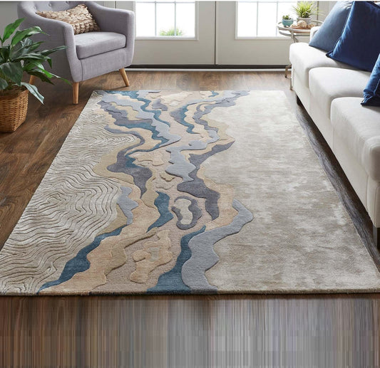 Hand Tufted Abstract Area Rug, Modern Blue Beige Wool Carpet, Luxury Contemporary Living Room Rug, Handmade Designer Floor Rug, Custom Size Home Decor