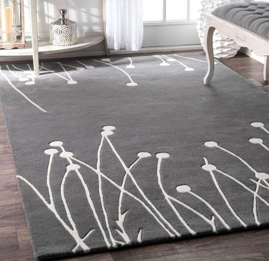 Elegant Grey Floral Wool Rug | Modern Hand-Tufted Carpet with White Botanical Design for Living Room & Bedroom Décor
