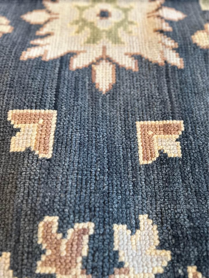 Luxury Hand-Knotted Oushak Rug – Deep Blue Turkish Wool Carpet with Floral Design