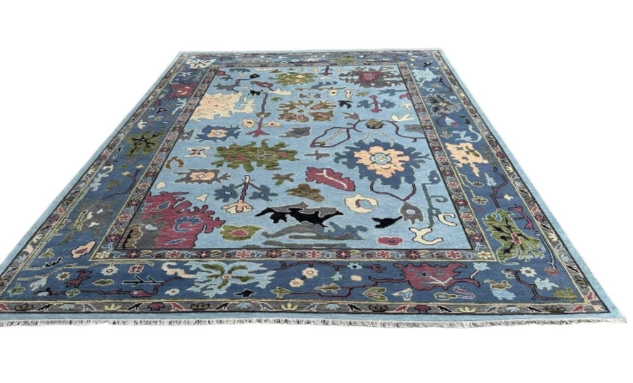 Hand Knotted Oushak Rug Turkish Style | Vintage Boho Area Carpet | Living Room Oriental Wool Rug