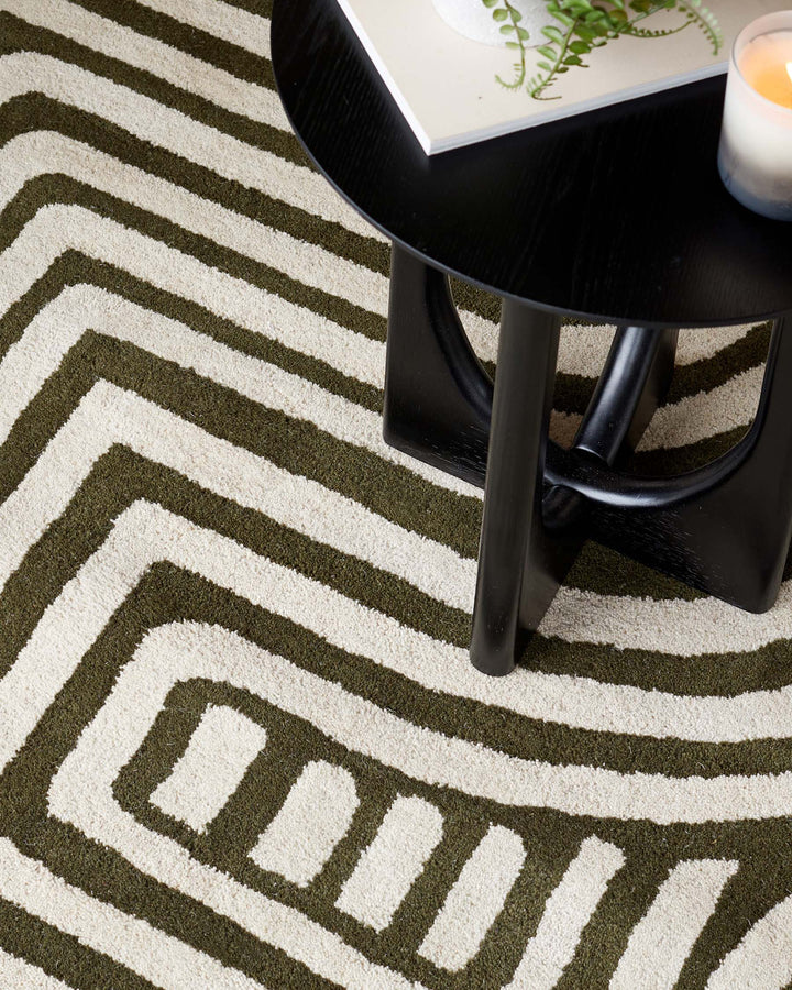 Modern Abstract Line Pattern Area Rug – Hand-Tufted Wool Olive Green & Ivory Contemporary Carpet for Living Room, Bedroom, Office & Home Decor