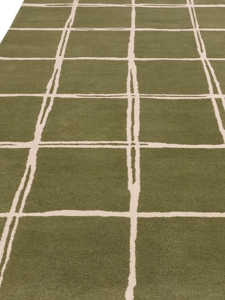 Modern Olive Green Grid Area Rug – Hand-Tufted Wool Carpet with Minimalist Checkered Pattern for Living Room, Bedroom & Office Decor