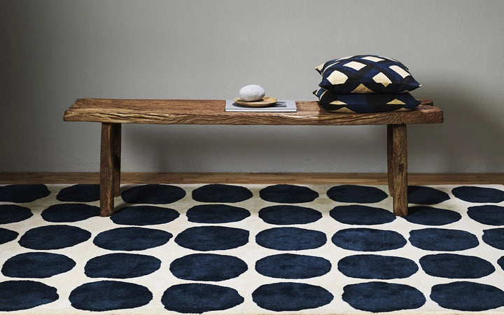 Hand Tufted Black Polka Dot Rug – Modern Minimalist Wool Area Rug, Scandinavian Abstract Geometric Carpet, Cream & Navy Living Room Rug, Custom Size Handmade Rug