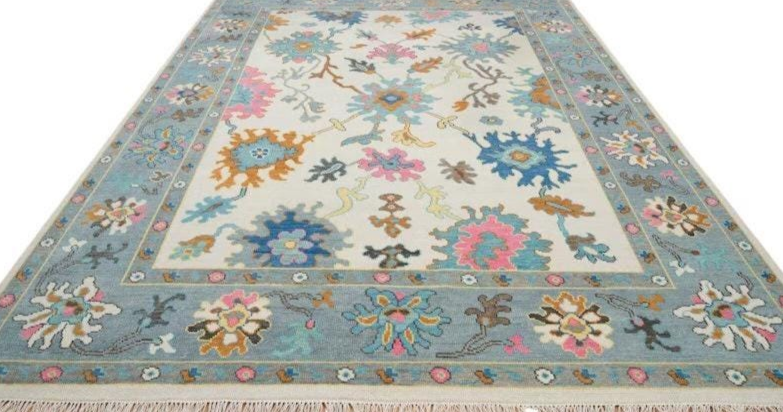 Hand Knotted Oushak Rug – Blue Ivory Floral Turkish Wool Carpet | Modern Vintage Area Rug
