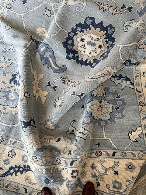 Hand Knotted Oushak Rug – Luxury Turkish Wool Carpet in Soft Blue & Ivory | Traditional Floral Area Rug