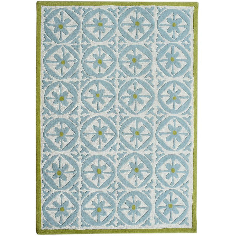 Hand-Tufted Blue & Green Wool Rug – Modern Moroccan Tile Pattern Area Carpet for Living Room, Bedroom & Home Décor