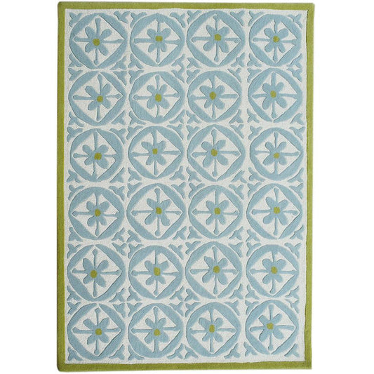 Hand-Tufted Blue & Green Wool Rug – Modern Moroccan Tile Pattern Area Carpet for Living Room, Bedroom & Home Décor