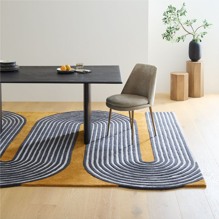 Modern Hand Tufted Wool Area Rug – Abstract Geometric Striped Carpet in Mustard Gold, Charcoal & Ivory | Contemporary Living Room, Bedroom & Office Decor | Custom Size Rug