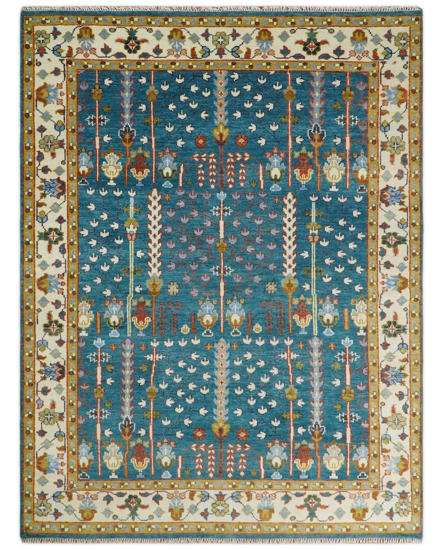 Hand-Knotted Oushak Rug in Teal Blue – Authentic Turkish Wool Oriental Carpet