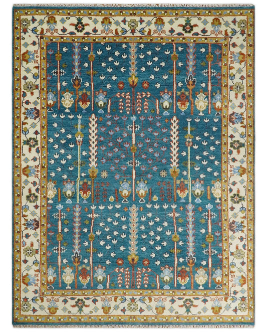 Hand-Knotted Oushak Rug in Teal Blue – Authentic Turkish Wool Oriental Carpet