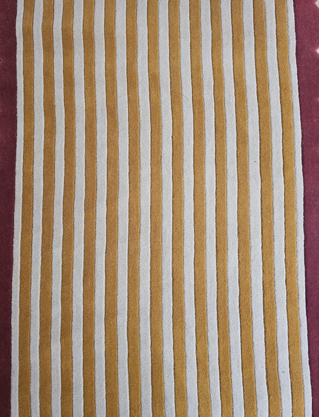 Handmade Wool Striped Rug | Modern Mustard & Beige Area Carpet with Red Scalloped Border | Contemporary Statement Floor Rug for Living Room & Bedroom