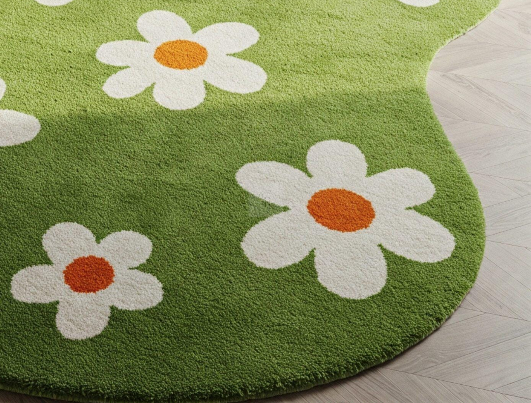 Green Daisy Shaped Area Rug for Bedroom – Soft Floral Carpet for Kids & Adults – Cute Flower Design Home Decor